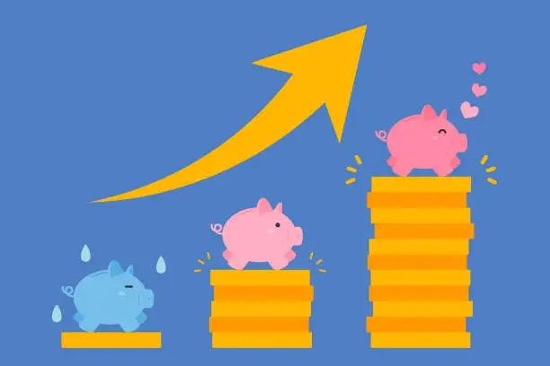 Vector illustration of Money Savings, Growth Chart and Piggy Bank. Loyalty Program. Blue Color Background.