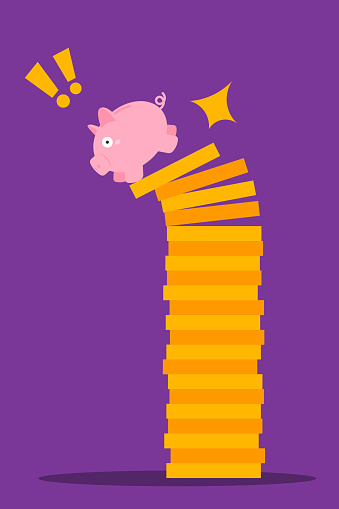 Economic Crisis, Coins Collapsing, Piggy Bank. Purple Color Background. Vector illustration.