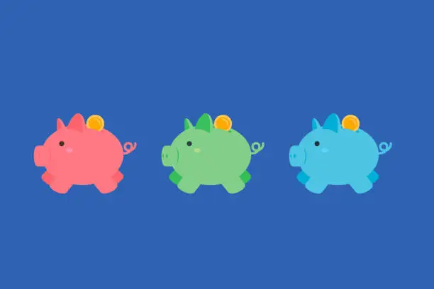 Vector illustration of Red, Green, Blue Piggy Bank. Blue Color Background.