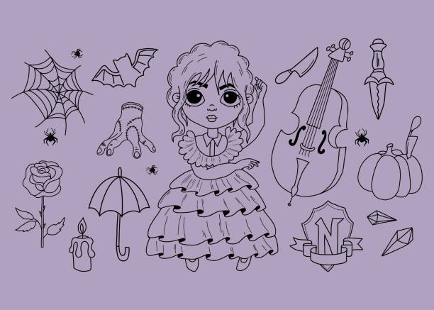 Gothic fantasy collection. Halloween outline doodles. Dancing cute girl, bat, cello, and thing cobweb, knife magic crystals and rose. Vector illustration. Isolated line hand drawings. Kids collection. Gothic fantasy collection. Halloween outline doodles. Dancing cute girl, bat, cello, and thing cobweb, knife magic crystals and rose. Vector illustration. Isolated line hand drawings. Kids collection clip art of a dead rose stock illustrations