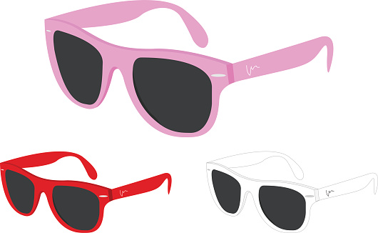 An illustration of a set of three sunglasses, trendy wayfarer style in pink, red and white.
