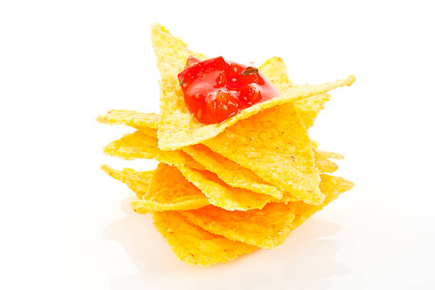 Nachos with tomato dip isolated on white background. Mexican traditional eating.