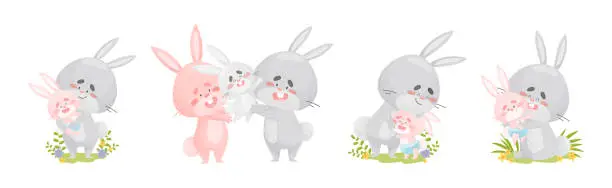 Vector illustration of Rabbit Family with Bunny Mom and Dad Loving Their Cub Vector Set