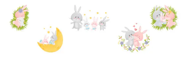 Vector illustration of Rabbit Family with Bunny Mom and Dad Loving Their Cub Vector Set