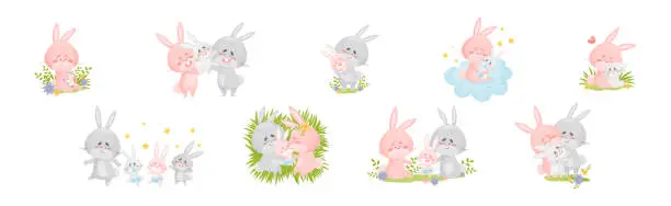 Vector illustration of Rabbit Family with Bunny Mom and Dad Loving Their Cub Vector Set