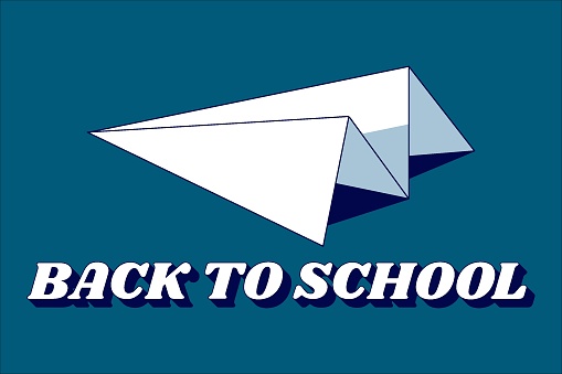 Back to school. Background for school banner. Vector print with a paper airplane on a blue background. Minimalism. Linear illustration in retro style.