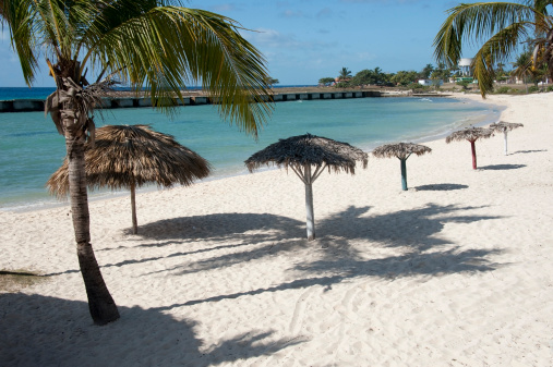 A sandy, sunlite beach located on the Caribbean in Bay of Pigs, Cuba