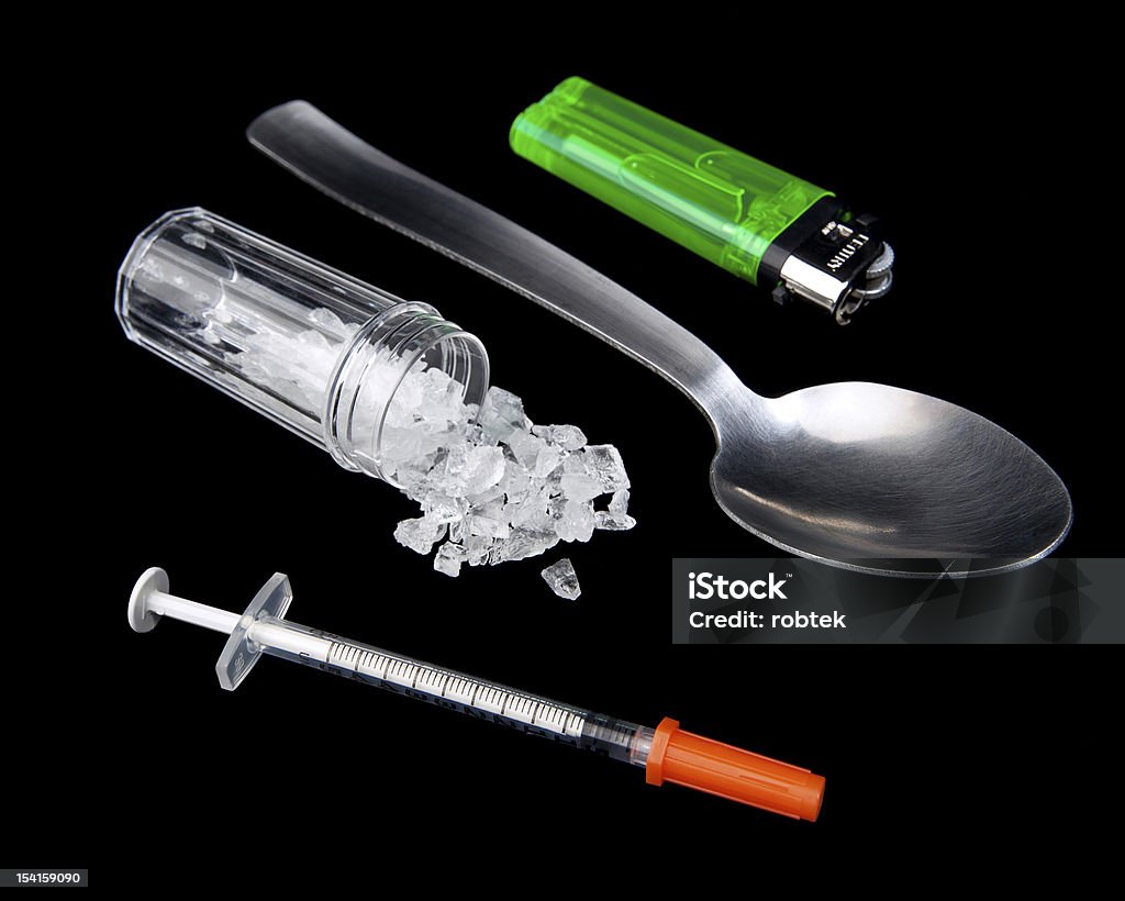 Getting High Various items used in combination with injecting methamphetamine. Methamphetamine Stock Photo