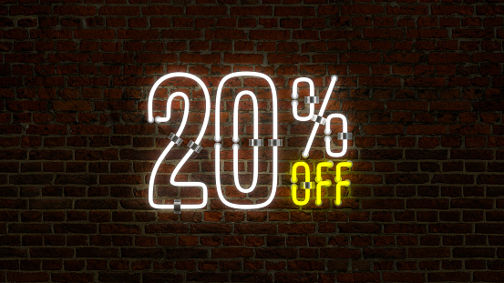 3D 20 Percent Off Neon Discount Sign Over a Brick Wall Background