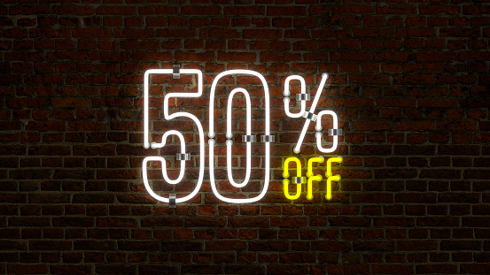 3D 50 Percent Off Neon Discount Sign Over a Brick Wall Background