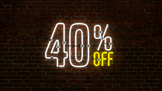3D 40 Percent Off Neon Discount Sign Over a Brick Wall Background