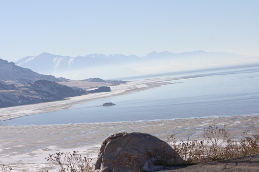 The great salt lake with mountains in the background