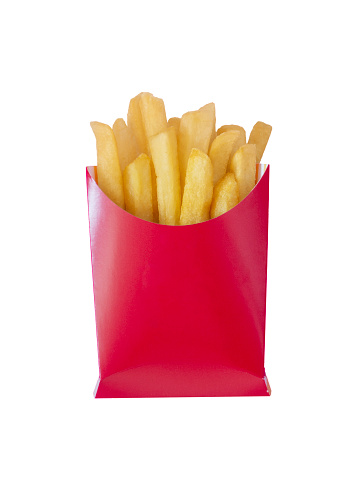 French fries in a red box on white background