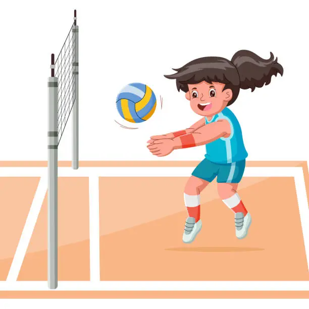 Vector illustration of Happy cute kid girl playing volleyball in the field. Vector illustration