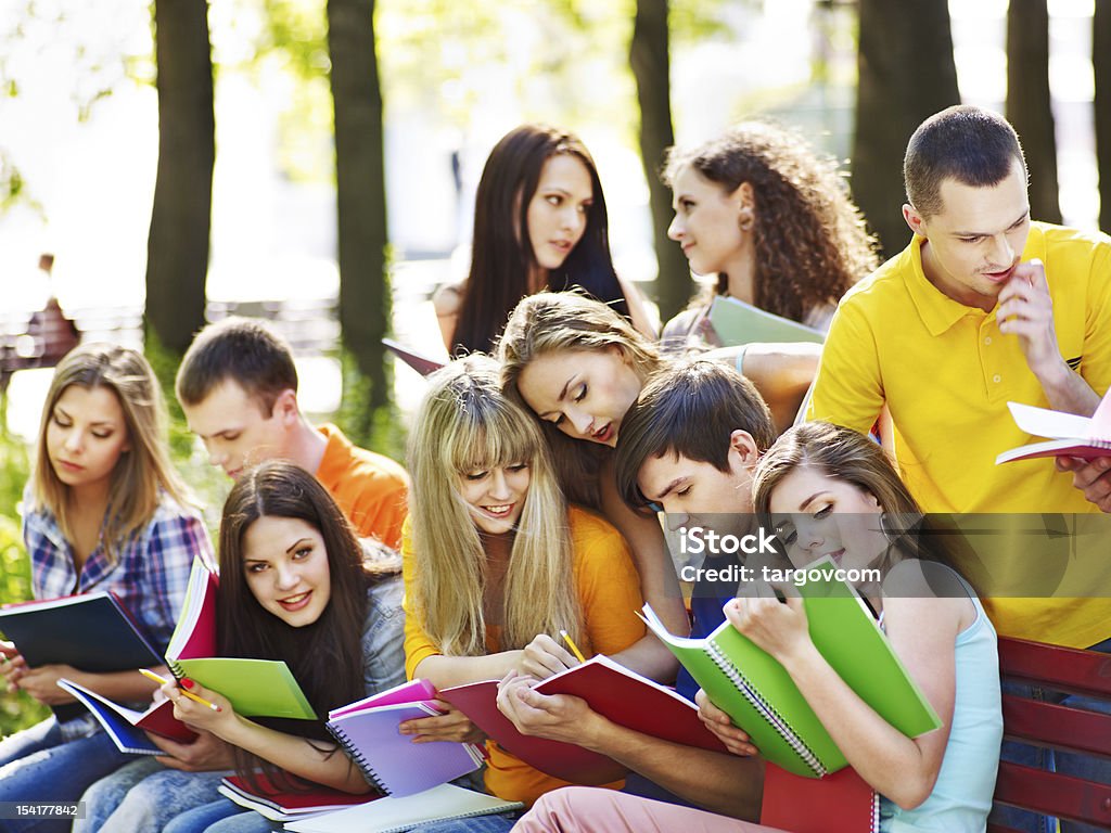 Group student with notebook outdoor. Group student with notebook on bench outdoor. Adult Stock Photo