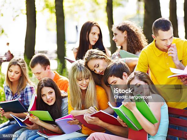 Group Student With Notebook Outdoor Stock Photo - Download Image Now - Adult, Beautiful People, Beauty