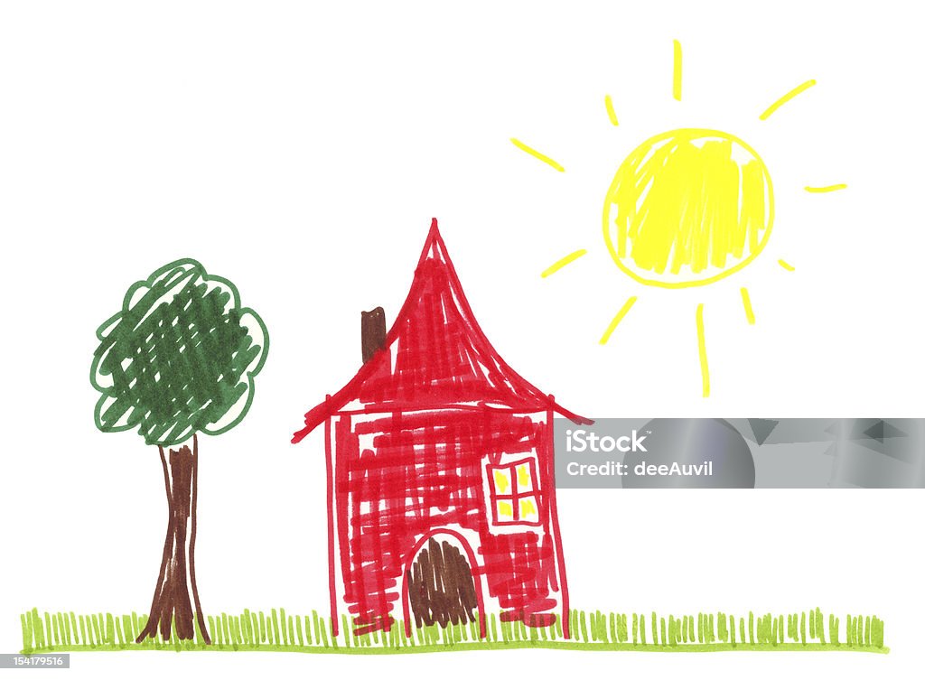 Criança Desenho a Lápis de Cera de uma casa e vermelho de Sol - Royalty-free Desenho a Lápis de Cera Ilustração de stock