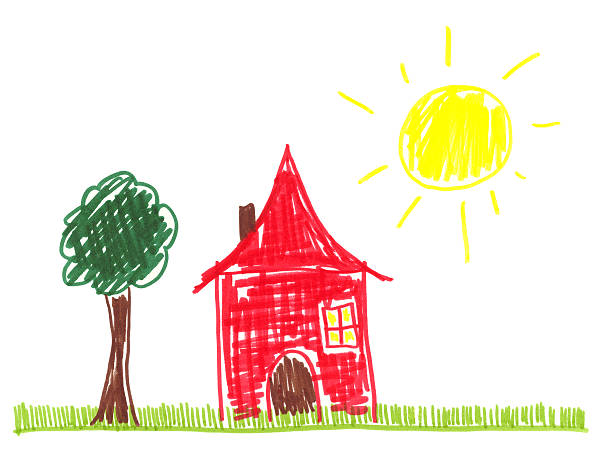 istock Child's Crayon Drawing of a Red House and Sunshine 154179516