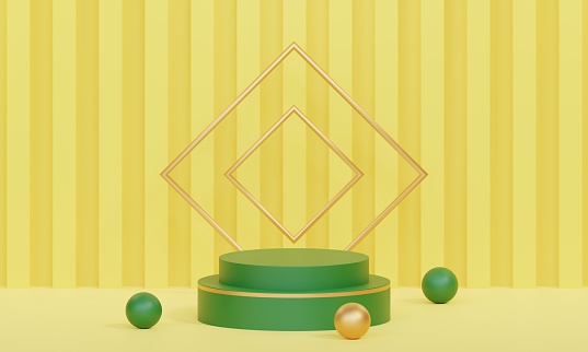 3D rendering yellow product background stand or podium product background on advertising display with golden ball and golden rings attributes. 3D rendering.