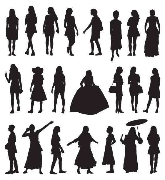 kobiety noszące sukienki silhouette silhouette - rear view people white background elegance stock illustrations