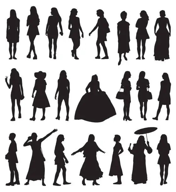 Vector illustration of Women Wearing Dresses Silhouette Silhouette