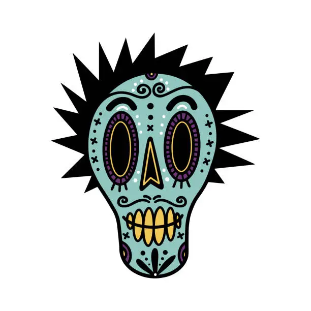 Vector illustration of Funny sugar skull vector icon. Festive mask of a Mexican punk with mohawk and gold teeth. Sketch for the day of the dead, Dia de Muertos. Isolated cartoon clipart, cool teen head. For posters, print