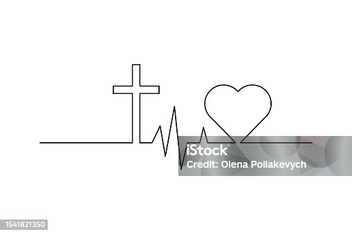 istock Cross mark symbol Christian faith, single line. The cross and the pulse heart beats. Vector illustration. EPS 10. 1541821350
