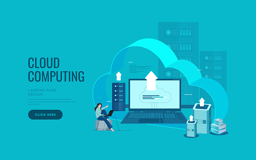 Cloud computing service isometric landing page. Concept of innovative technology for file storage, data center, database, storing digital information on internet. stock illustration