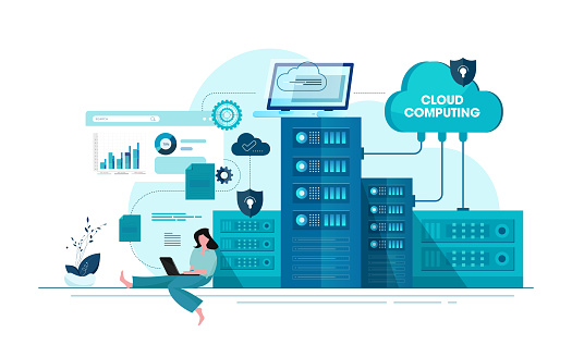 Business technology cloud storage and cloud server service concept with administrator and developer working on workstation concept stock illustration