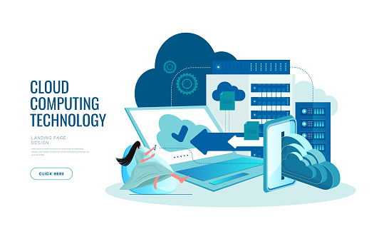 Cloud computing. Online devices upload, download information. Data in database on cloud services. Isometric concept. Modern 3d isometric vector illustration of web page.