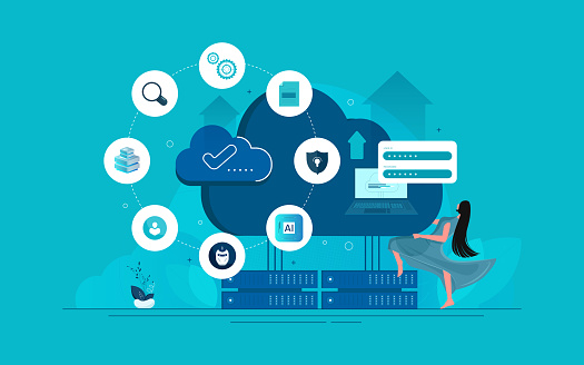 Cloud technology, concept banner. Woman user uploading and downloading information from remote server. Data center with servers. Safe storage of information.