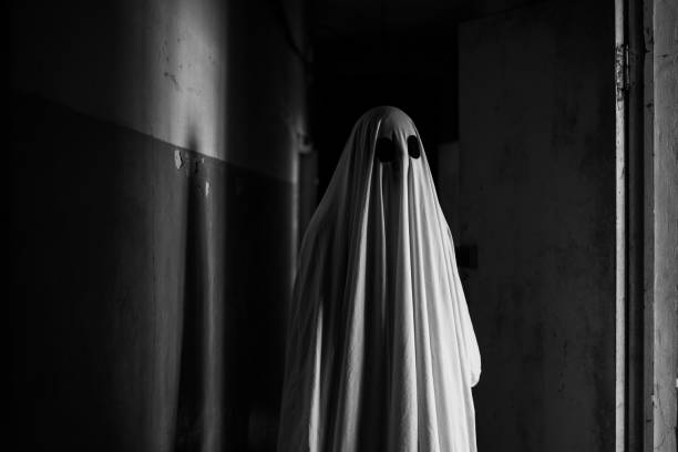 istock Horror Halloween concept. Inside of old creepy abandoned mansion. Horror ghost standing on corridor. 1541868766