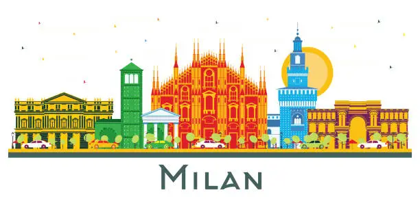 Vector illustration of Milan Italy City Skyline with Color Landmarks Isolated on White.