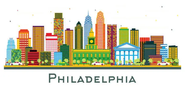 Vector illustration of Philadelphia Pennsylvania City Skyline with Color Buildings Isolated on White.