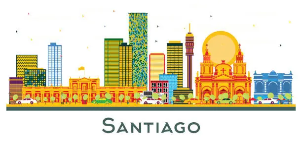Vector illustration of Santiago Chile City Skyline with Color Buildings Isolated on White.