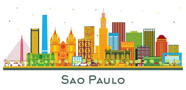 Vector illustration of Sao Paulo Brazil City Skyline with Color Buildings Isolated on White.