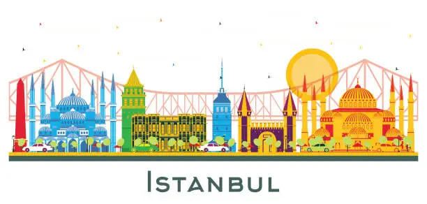 Vector illustration of Istanbul Turkey City Skyline with Color Landmarks Isolated on White.