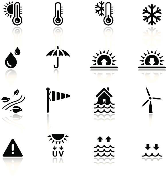 Collection of black and white weather icons Vector illustration, Each icon is easy to colorize and can be used at any size. Reflections could be easily moved or deleted. Files included: Vector EPS 8,  HD JPEG 2500 x 2500 heatwave stock illustrations