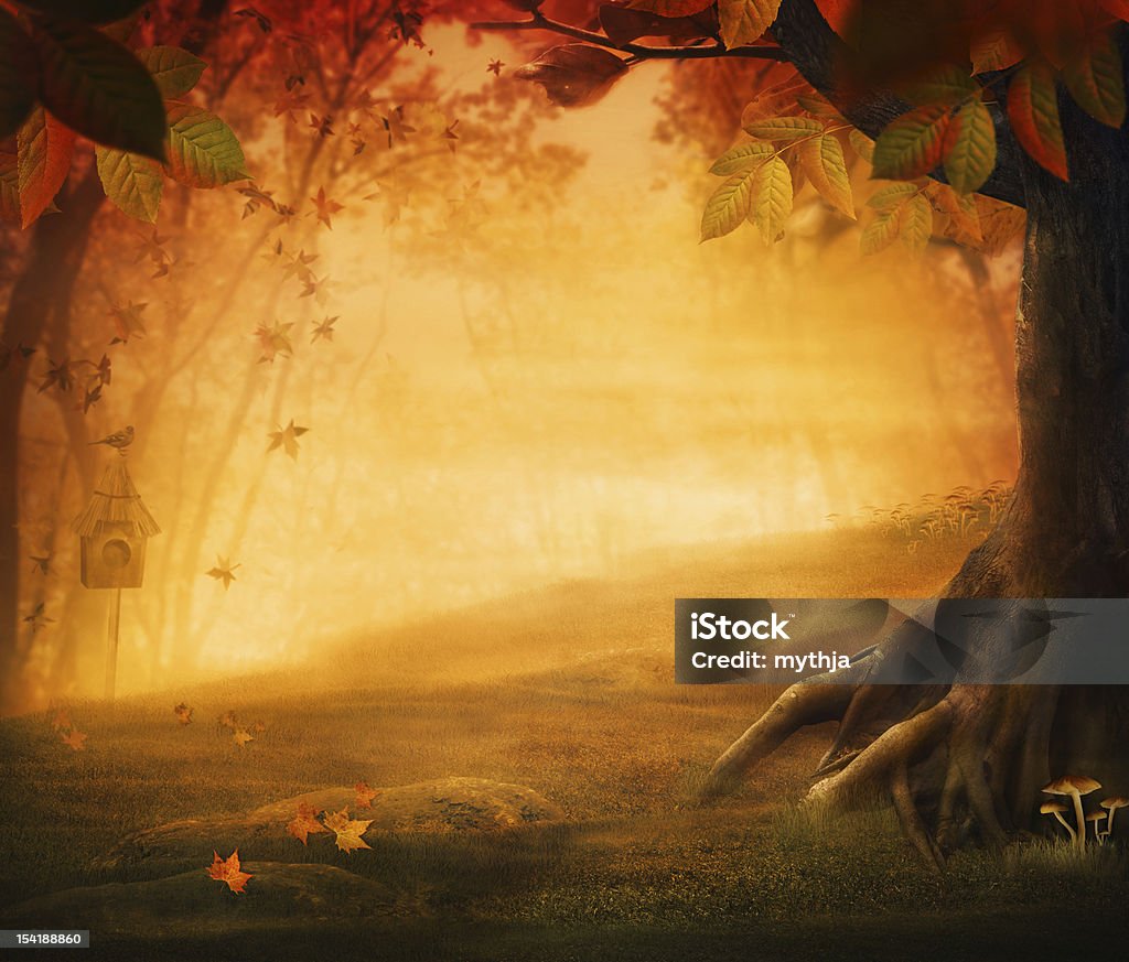Autumn design - Forest in fall Autumn design - Forest in fall. Autumn valley with mushrooms Falling leaves and bird house in he background.  Space for your autumnal text. Fall background concept with copyspace. Abstract Stock Photo