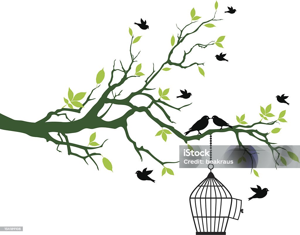 spring tree with birdcage and kissing birds green spring tree with open birdcage and kissing birds, vector background Tree stock vector