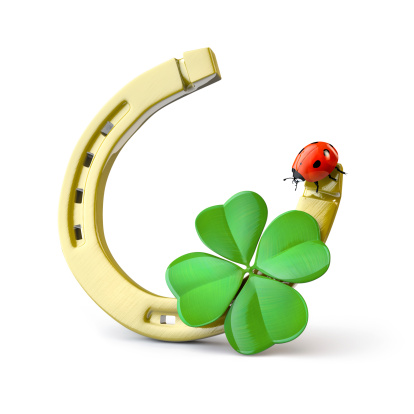 Horseshoe with leaf clover and a ladybug. 3d render