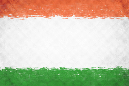 A horizontal background of three painted horizontal colored brush strokes bands in saffron, white and green. A calm peaceful patriotic theme wallpaper. There is no people, no text and Copy space for text. These colors are in the flag of India, Niger and also of Ireland and Côte d'Ivoire (Ivory Coast) country. Can be used for national festivals, events, national teams related backdrops, posters, banners  of these countries like Republic Day, Independence Day celebrations.