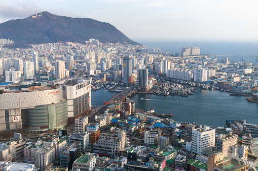 Busan, South Korea - March 14, 2018: Coastal cityscape of Busan on a sunny day, bird eye view