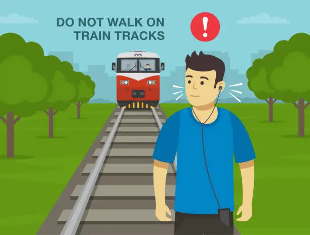 Vector illustration of Railroad safety rules and tips. Do not walk on train tracks and cross at designated crossing only. Male character listening to loud music and walking on the railway.