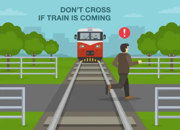 Vector illustration of Railroad safety rules and tips. Don't cross if train is coming. Young male character crossing the railroad tracks while train is approaching.