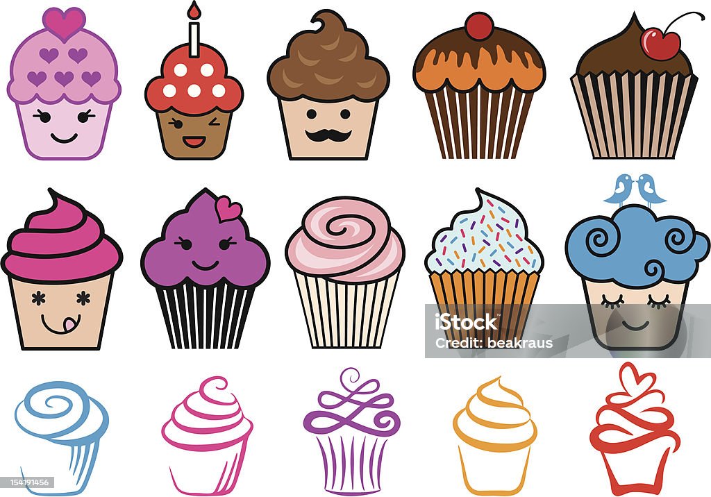 Cute cupcake designs, vector set Cute birthday cupcake designs with candle and heart, vector set Abstract stock vector
