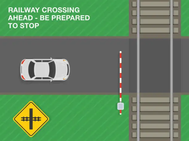 Vector illustration of Safe driving tips and traffic regulation rules. Railway crossing ahead, be prepared to stop. Road sign meaning. Top view of a city road.