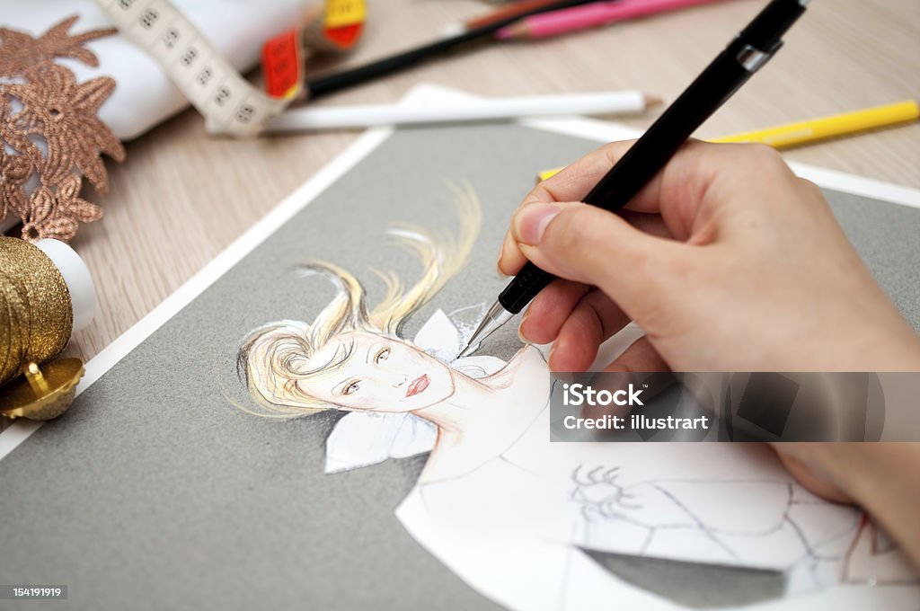 Fashion Design close up of hand drawing fashion Wedding Dress Stock Photo