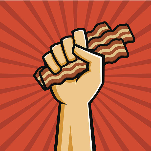 Vector Illustration of a fist holding bacon in the style of Russian Constructivist propaganda posters.