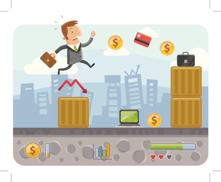 Vector illustration of a businessman jumping in a video game.